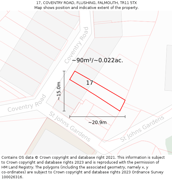 17, COVENTRY ROAD, FLUSHING, FALMOUTH, TR11 5TX: Plot and title map