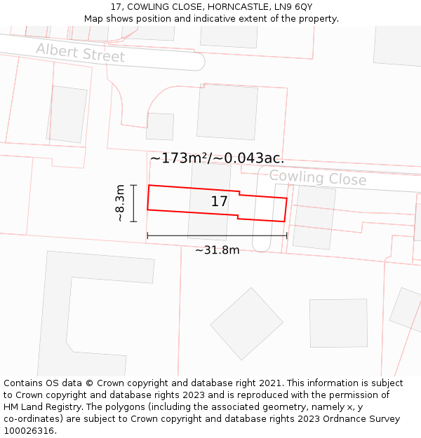17, COWLING CLOSE, HORNCASTLE, LN9 6QY: Plot and title map