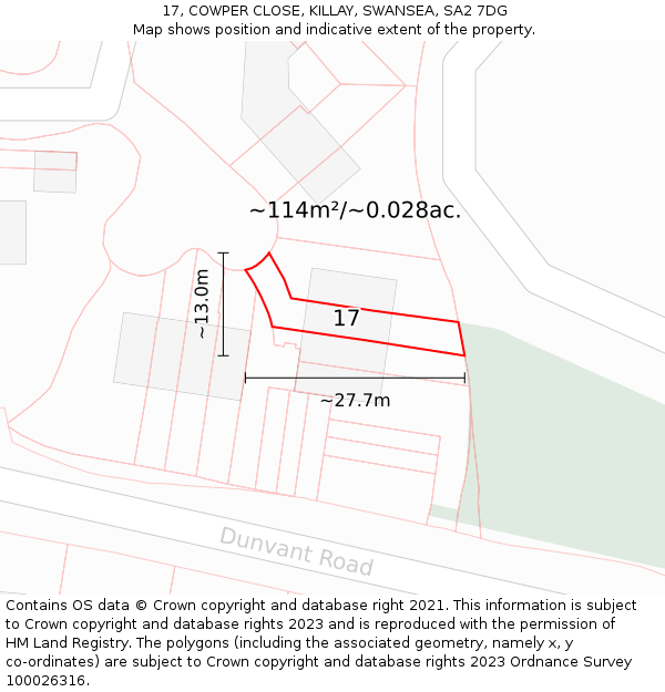 17, COWPER CLOSE, KILLAY, SWANSEA, SA2 7DG: Plot and title map