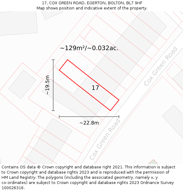 17, COX GREEN ROAD, EGERTON, BOLTON, BL7 9HF: Plot and title map