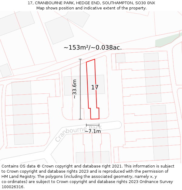17, CRANBOURNE PARK, HEDGE END, SOUTHAMPTON, SO30 0NX: Plot and title map