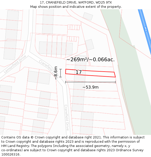 17, CRANEFIELD DRIVE, WATFORD, WD25 9TX: Plot and title map