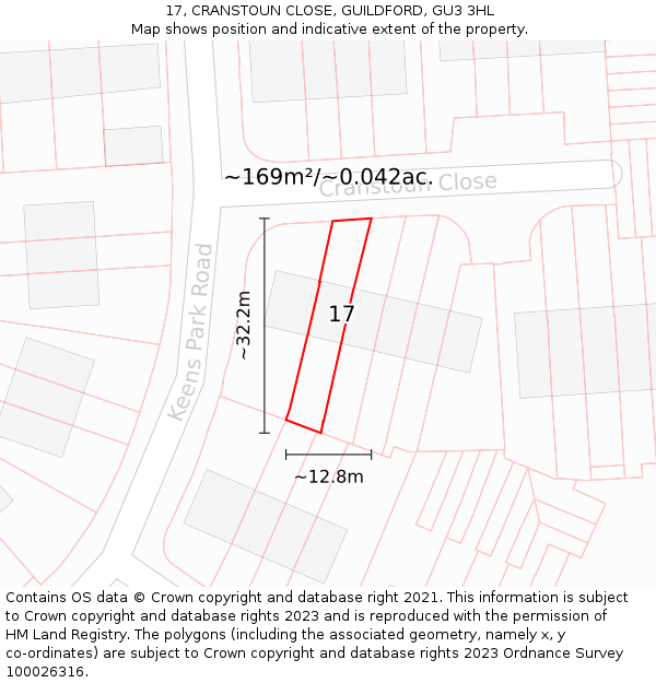 17, CRANSTOUN CLOSE, GUILDFORD, GU3 3HL: Plot and title map