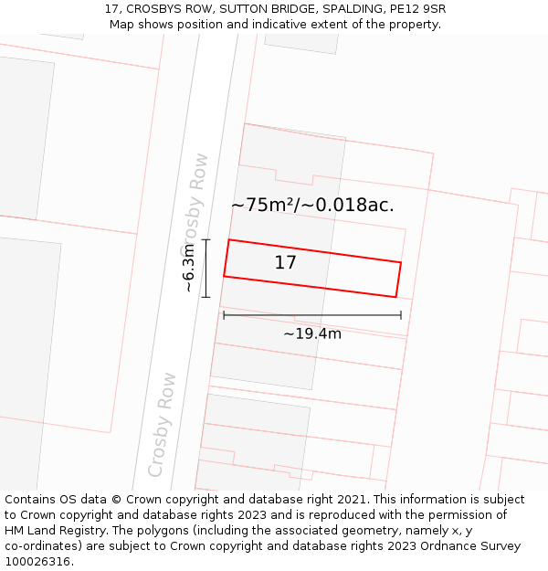 17, CROSBYS ROW, SUTTON BRIDGE, SPALDING, PE12 9SR: Plot and title map