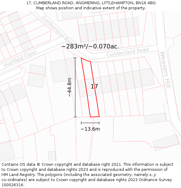 17, CUMBERLAND ROAD, ANGMERING, LITTLEHAMPTON, BN16 4BG: Plot and title map