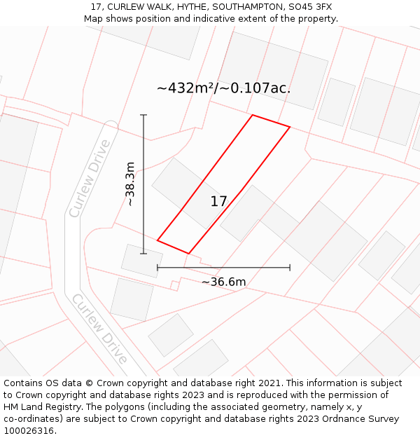 17, CURLEW WALK, HYTHE, SOUTHAMPTON, SO45 3FX: Plot and title map