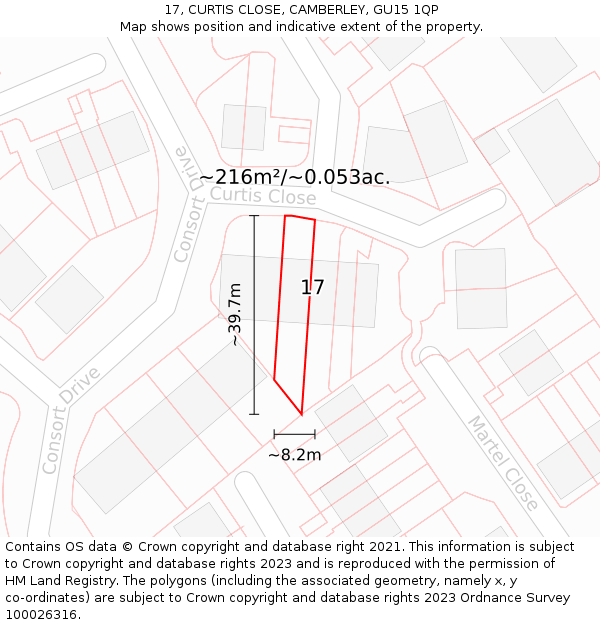 17, CURTIS CLOSE, CAMBERLEY, GU15 1QP: Plot and title map
