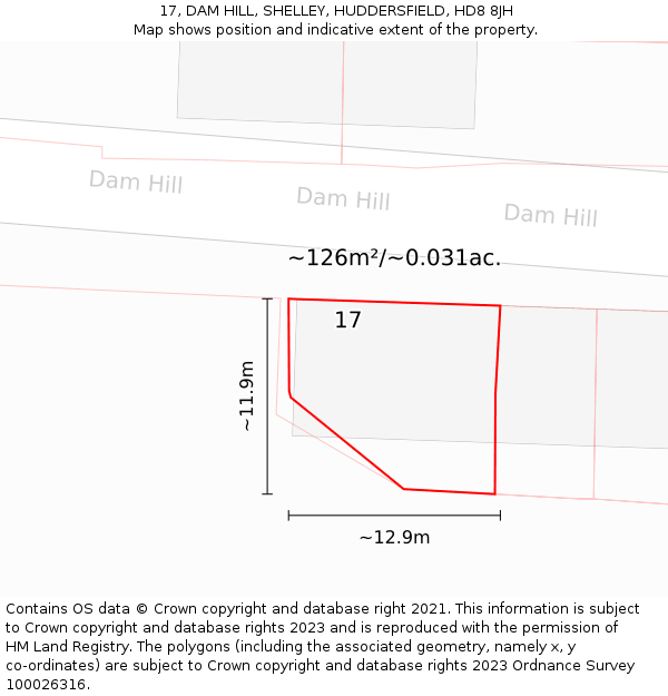 17, DAM HILL, SHELLEY, HUDDERSFIELD, HD8 8JH: Plot and title map