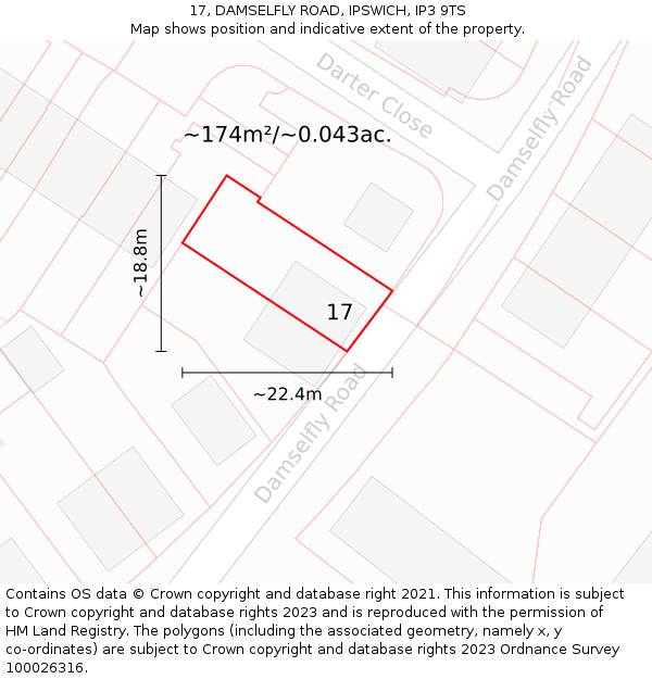 17, DAMSELFLY ROAD, IPSWICH, IP3 9TS: Plot and title map