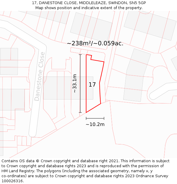 17, DANESTONE CLOSE, MIDDLELEAZE, SWINDON, SN5 5GP: Plot and title map