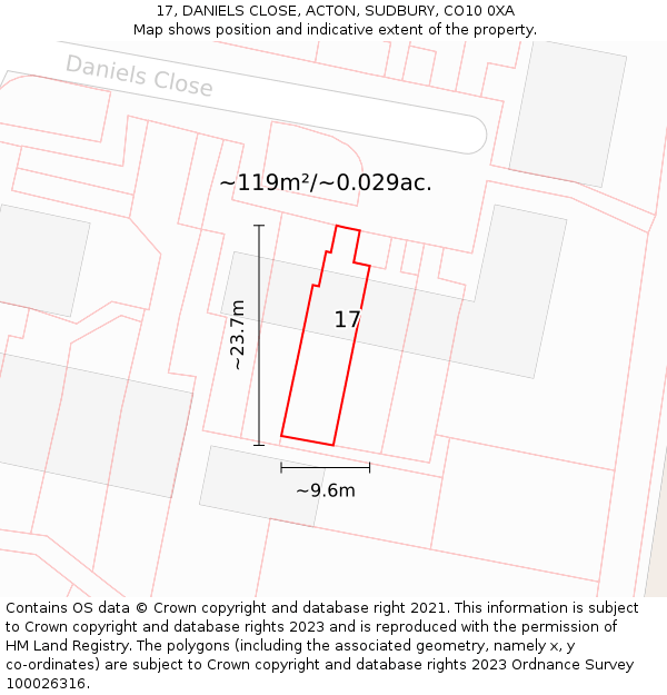 17, DANIELS CLOSE, ACTON, SUDBURY, CO10 0XA: Plot and title map