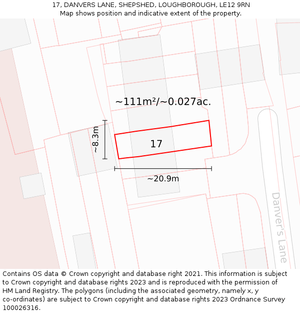 17, DANVERS LANE, SHEPSHED, LOUGHBOROUGH, LE12 9RN: Plot and title map