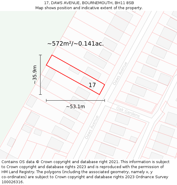17, DAWS AVENUE, BOURNEMOUTH, BH11 8SB: Plot and title map