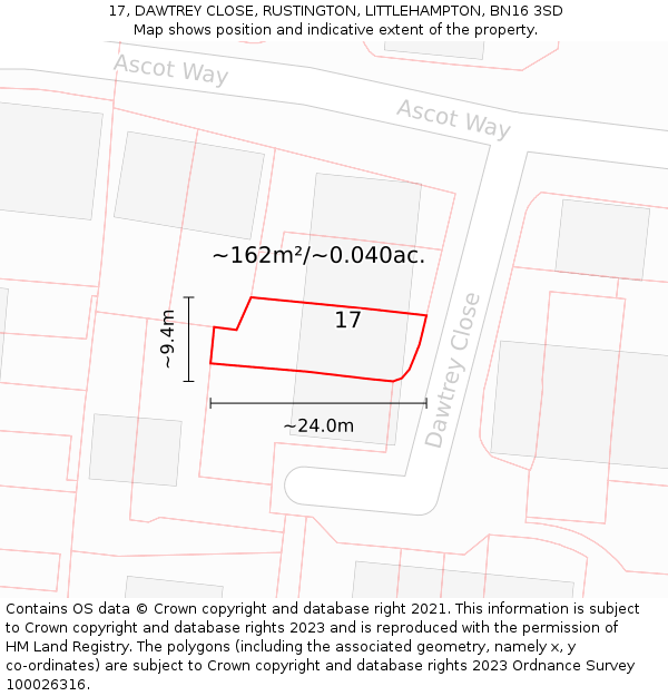 17, DAWTREY CLOSE, RUSTINGTON, LITTLEHAMPTON, BN16 3SD: Plot and title map