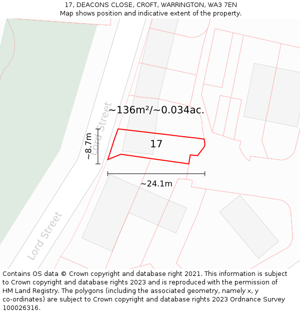 17, DEACONS CLOSE, CROFT, WARRINGTON, WA3 7EN: Plot and title map