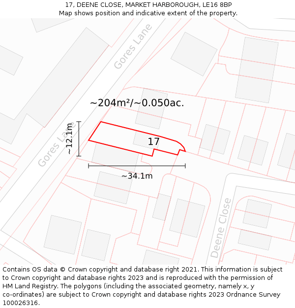 17, DEENE CLOSE, MARKET HARBOROUGH, LE16 8BP: Plot and title map