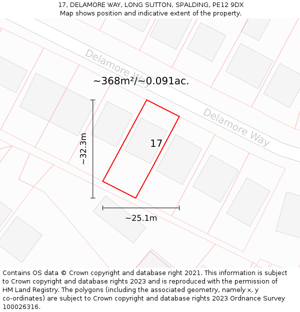 17, DELAMORE WAY, LONG SUTTON, SPALDING, PE12 9DX: Plot and title map