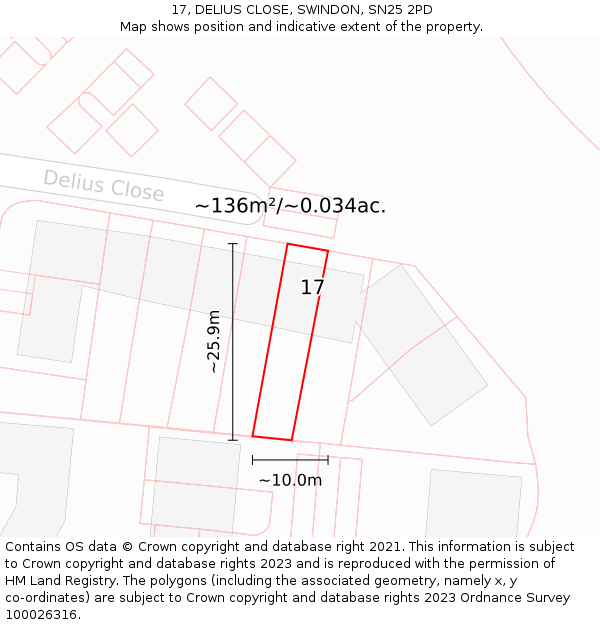 17, DELIUS CLOSE, SWINDON, SN25 2PD: Plot and title map