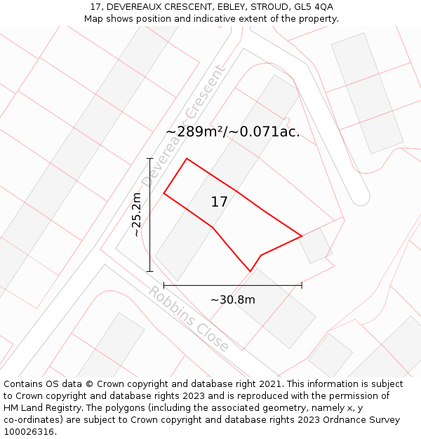 17, DEVEREAUX CRESCENT, EBLEY, STROUD, GL5 4QA: Plot and title map