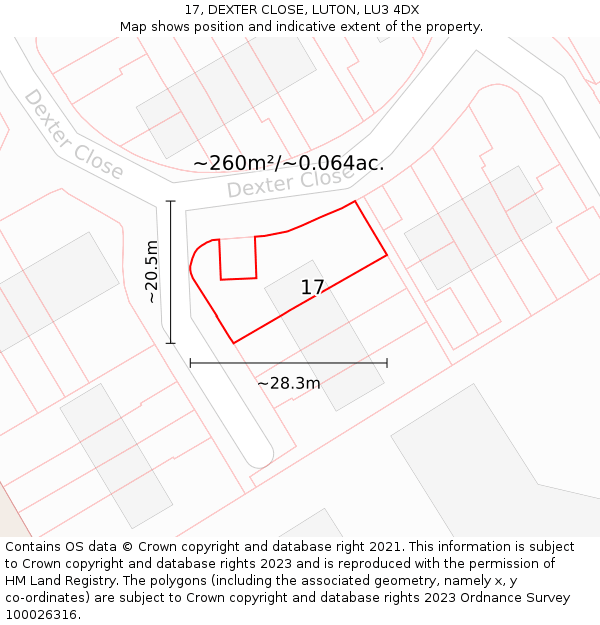 17, DEXTER CLOSE, LUTON, LU3 4DX: Plot and title map