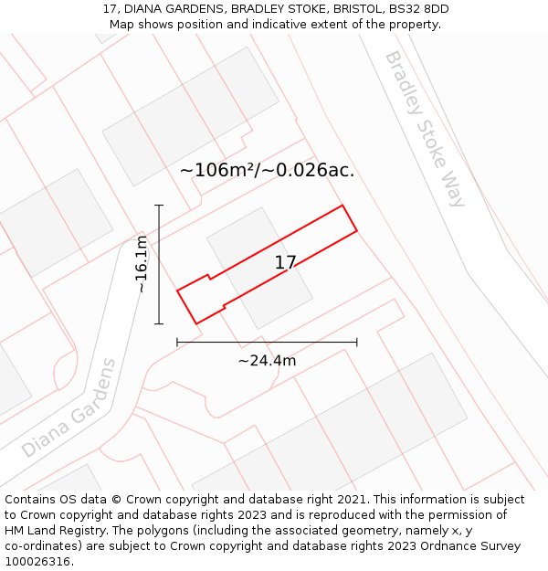 17, DIANA GARDENS, BRADLEY STOKE, BRISTOL, BS32 8DD: Plot and title map