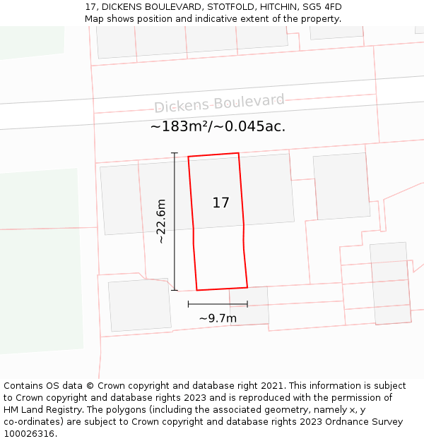 17, DICKENS BOULEVARD, STOTFOLD, HITCHIN, SG5 4FD: Plot and title map