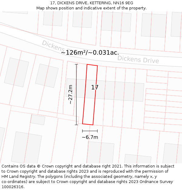 17, DICKENS DRIVE, KETTERING, NN16 9EG: Plot and title map