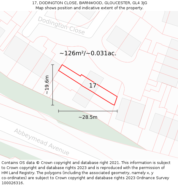 17, DODINGTON CLOSE, BARNWOOD, GLOUCESTER, GL4 3JG: Plot and title map