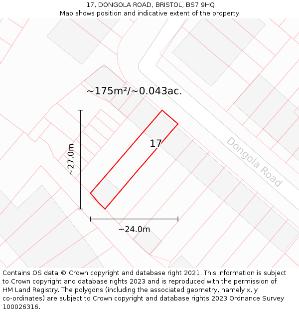 17, DONGOLA ROAD, BRISTOL, BS7 9HQ: Plot and title map