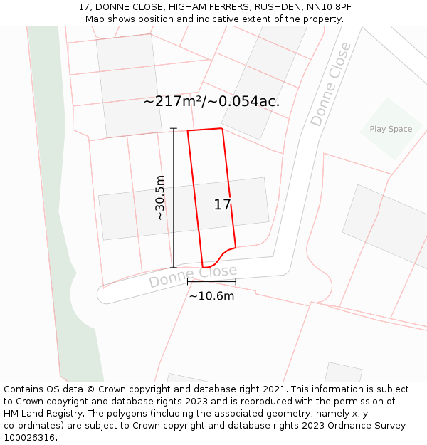 17, DONNE CLOSE, HIGHAM FERRERS, RUSHDEN, NN10 8PF: Plot and title map