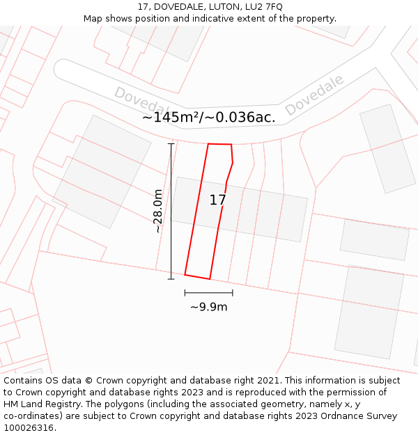 17, DOVEDALE, LUTON, LU2 7FQ: Plot and title map