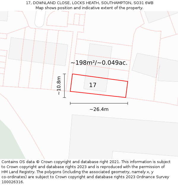 17, DOWNLAND CLOSE, LOCKS HEATH, SOUTHAMPTON, SO31 6WB: Plot and title map