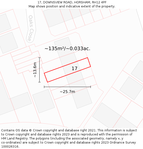 17, DOWNSVIEW ROAD, HORSHAM, RH12 4PF: Plot and title map