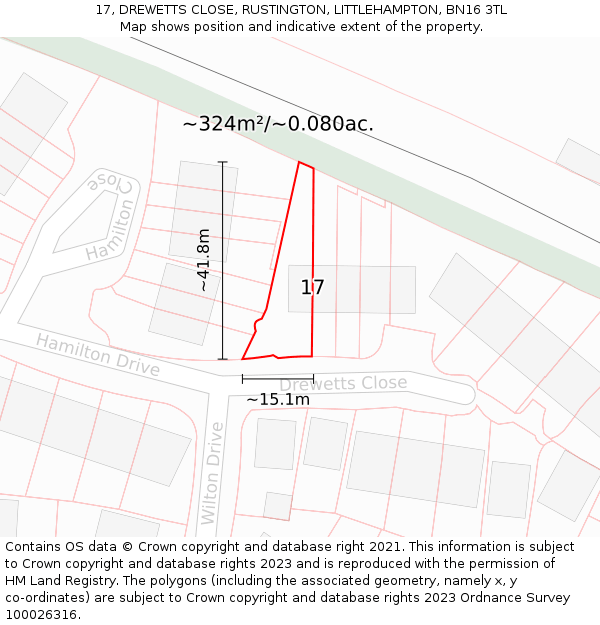 17, DREWETTS CLOSE, RUSTINGTON, LITTLEHAMPTON, BN16 3TL: Plot and title map