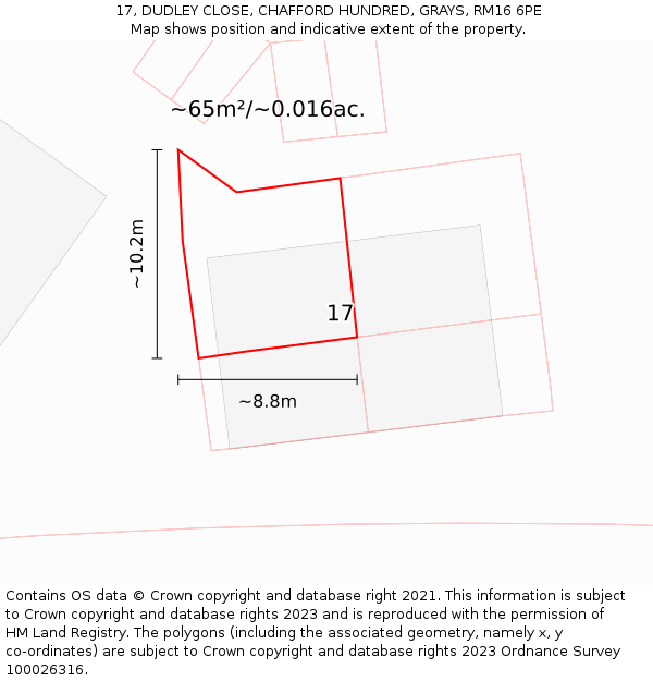 17, DUDLEY CLOSE, CHAFFORD HUNDRED, GRAYS, RM16 6PE: Plot and title map