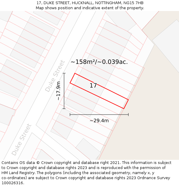 17, DUKE STREET, HUCKNALL, NOTTINGHAM, NG15 7HB: Plot and title map
