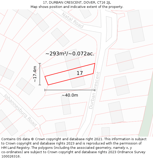 17, DURBAN CRESCENT, DOVER, CT16 2JL: Plot and title map