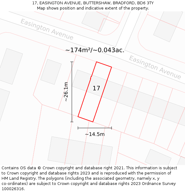 17, EASINGTON AVENUE, BUTTERSHAW, BRADFORD, BD6 3TY: Plot and title map