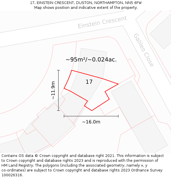 17, EINSTEIN CRESCENT, DUSTON, NORTHAMPTON, NN5 6FW: Plot and title map