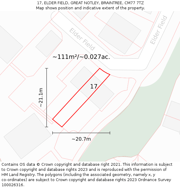 17, ELDER FIELD, GREAT NOTLEY, BRAINTREE, CM77 7TZ: Plot and title map