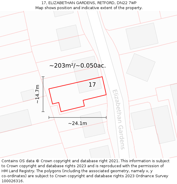 17, ELIZABETHAN GARDENS, RETFORD, DN22 7WP: Plot and title map