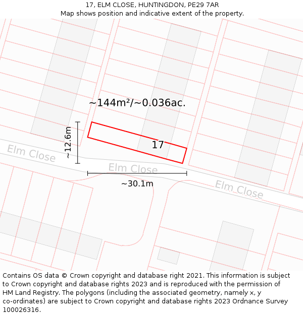 17, ELM CLOSE, HUNTINGDON, PE29 7AR: Plot and title map