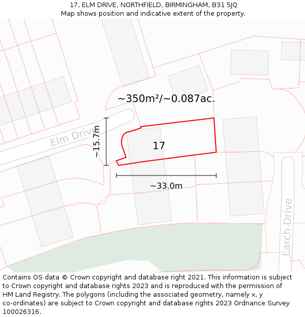 17, ELM DRIVE, NORTHFIELD, BIRMINGHAM, B31 5JQ: Plot and title map