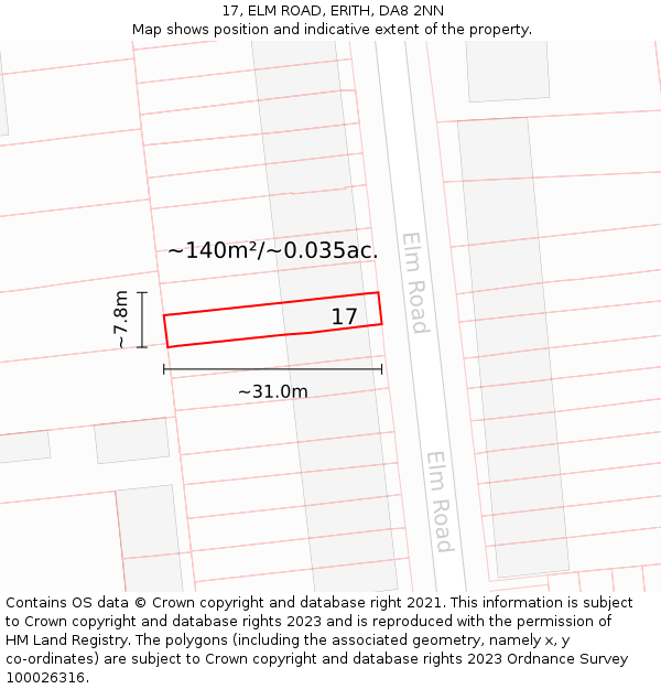 17, ELM ROAD, ERITH, DA8 2NN: Plot and title map