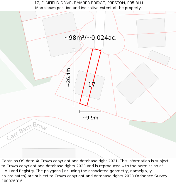 17, ELMFIELD DRIVE, BAMBER BRIDGE, PRESTON, PR5 8LH: Plot and title map