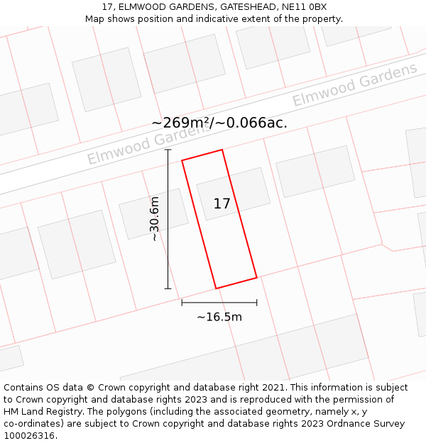 17, ELMWOOD GARDENS, GATESHEAD, NE11 0BX: Plot and title map