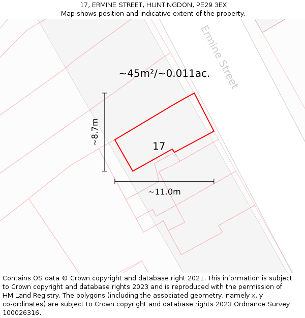17, ERMINE STREET, HUNTINGDON, PE29 3EX: Plot and title map