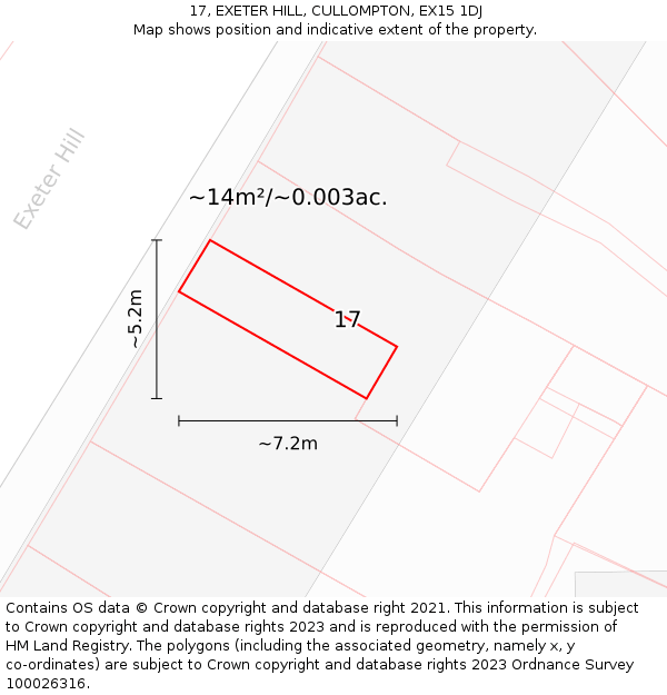 17, EXETER HILL, CULLOMPTON, EX15 1DJ: Plot and title map