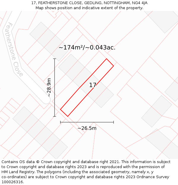 17, FEATHERSTONE CLOSE, GEDLING, NOTTINGHAM, NG4 4JA: Plot and title map