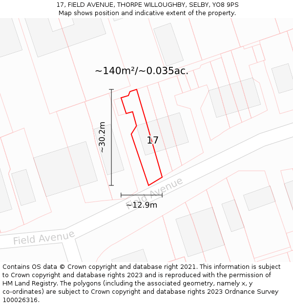 17, FIELD AVENUE, THORPE WILLOUGHBY, SELBY, YO8 9PS: Plot and title map
